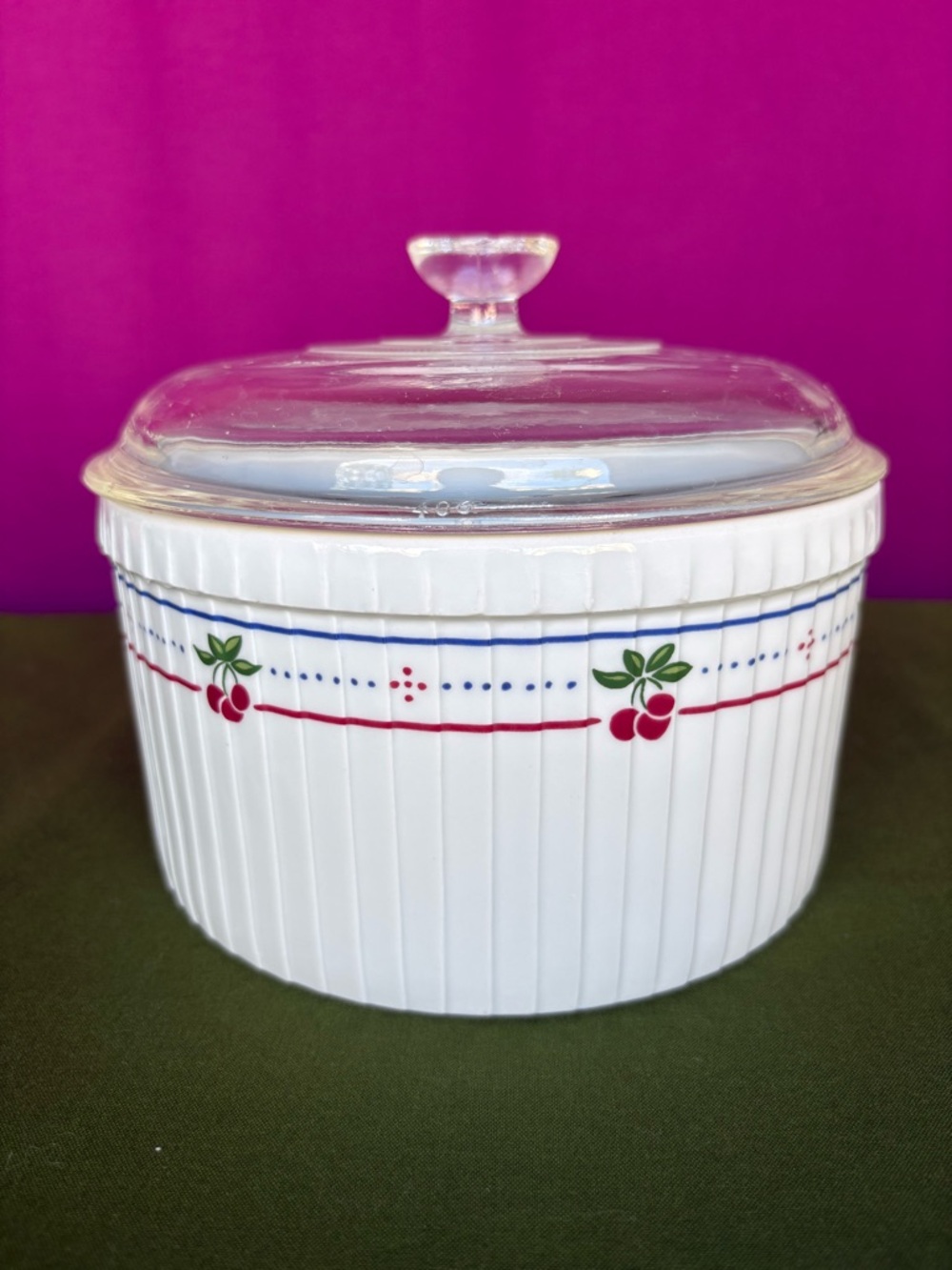 Pillivuyt France Cherry Covered Dish Porcelain Bowl w Lid Vintage